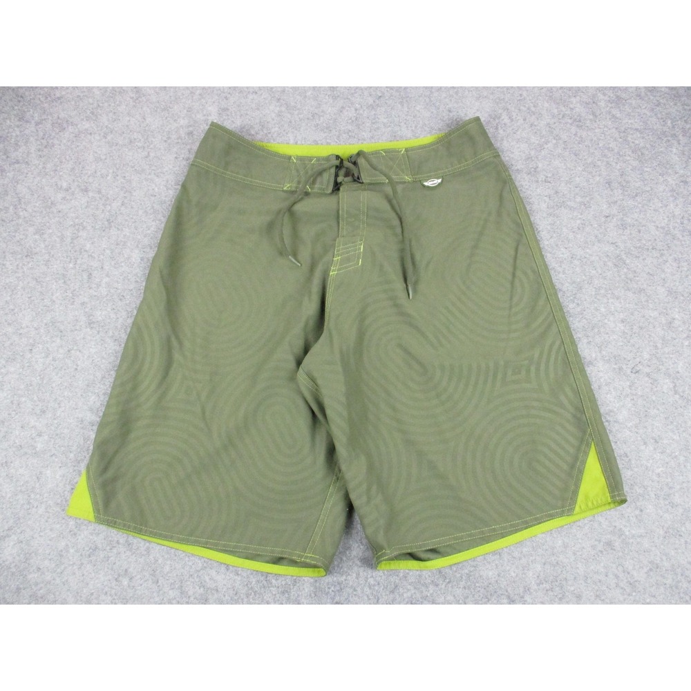 SIMS Racing Board Shorts Mens 34 Green Geometric Lined Drawstring Swim Trunks